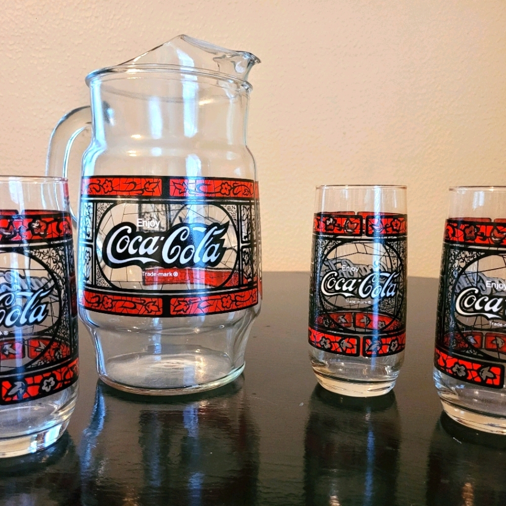 Vintage Coca Cola glass pitcher and 3 glasses